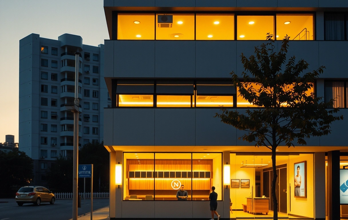 Menara HLA facade at dusk