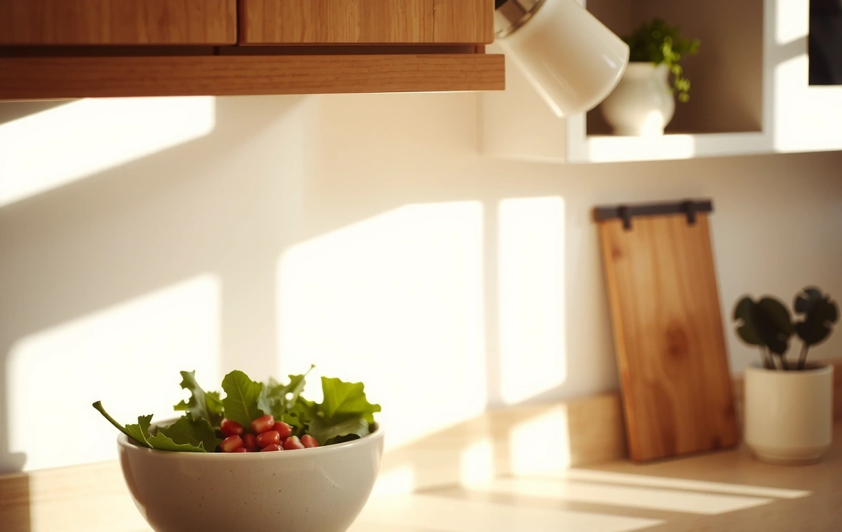 Sunlit kitchen counter with fresh ingredients